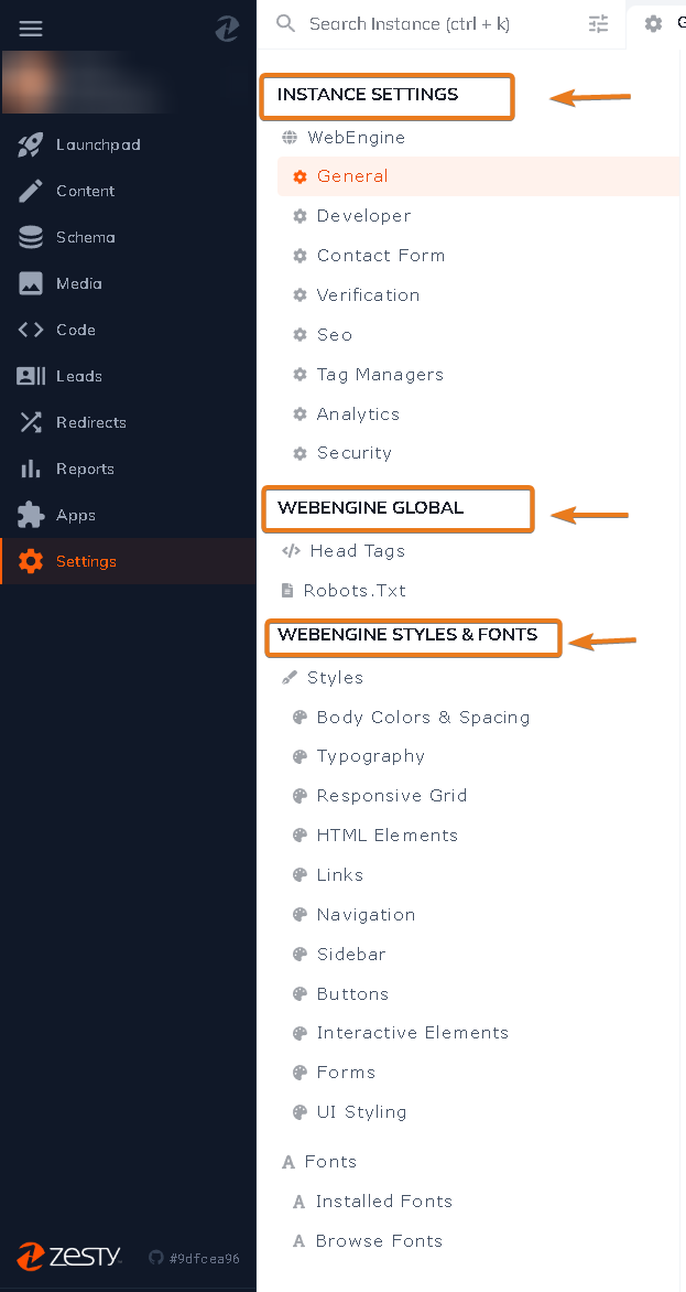 Instance settings subsections.