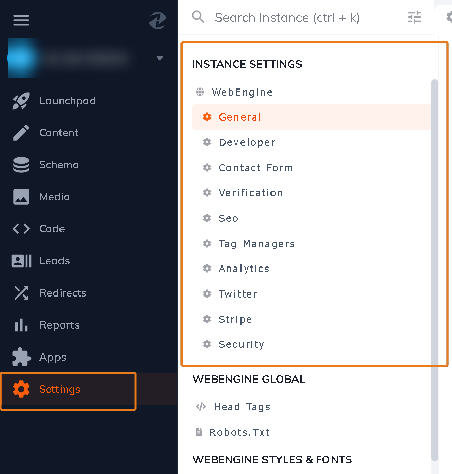 The Instance Settings subsection is location under the Settings section.