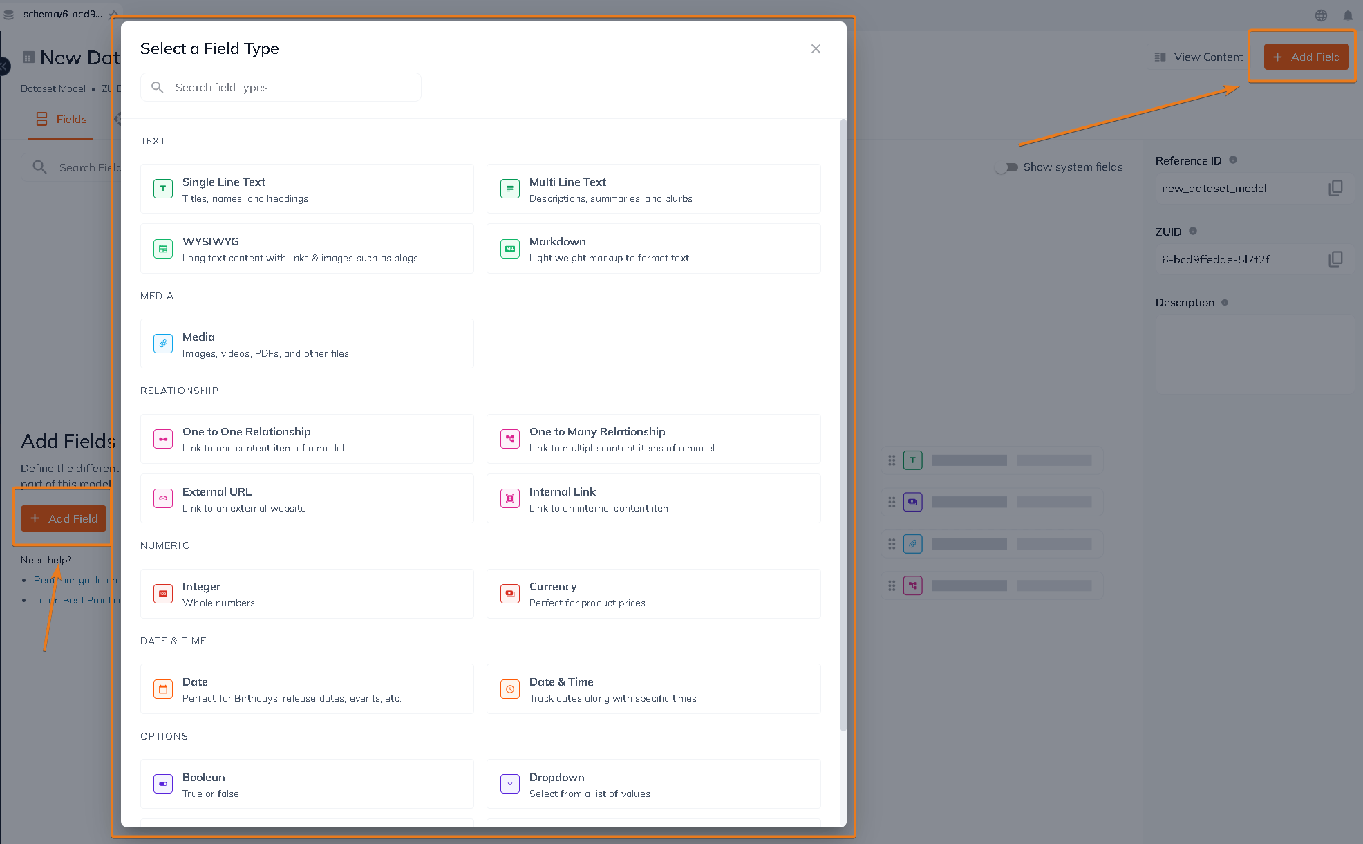 Add a field step 1: You can select different kinds of field types.