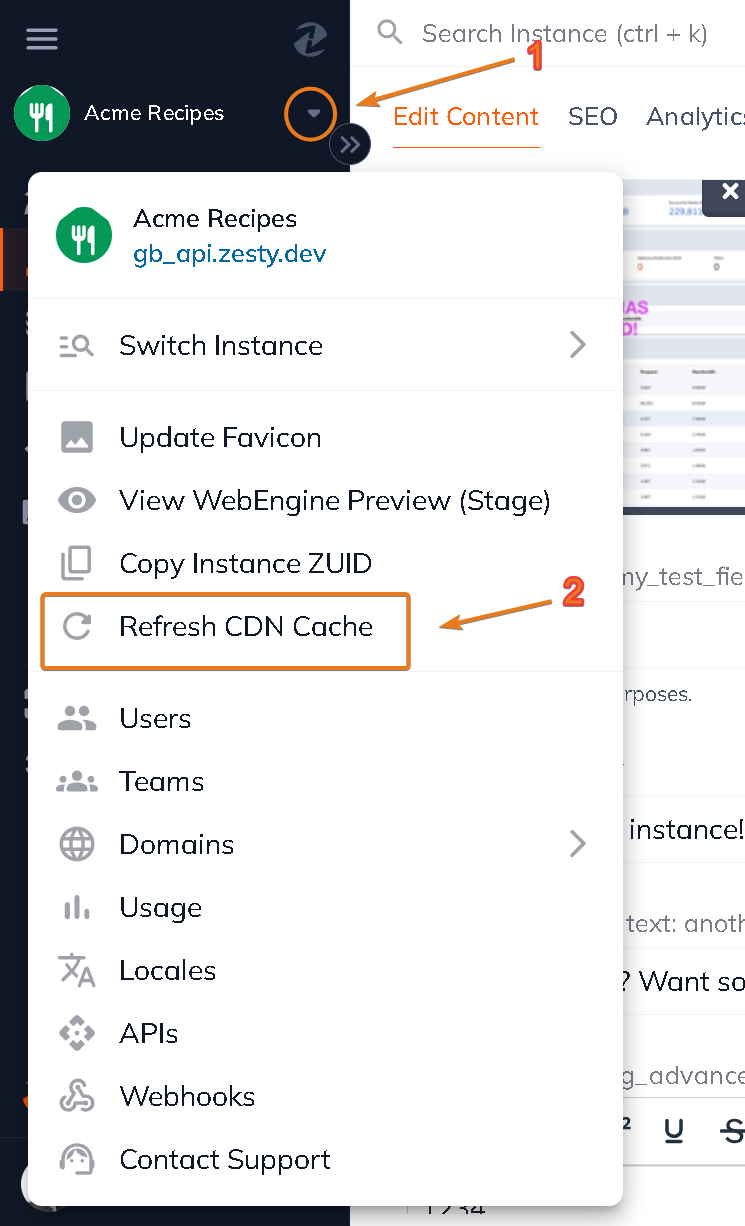 Content dashboard with instance cache button.
