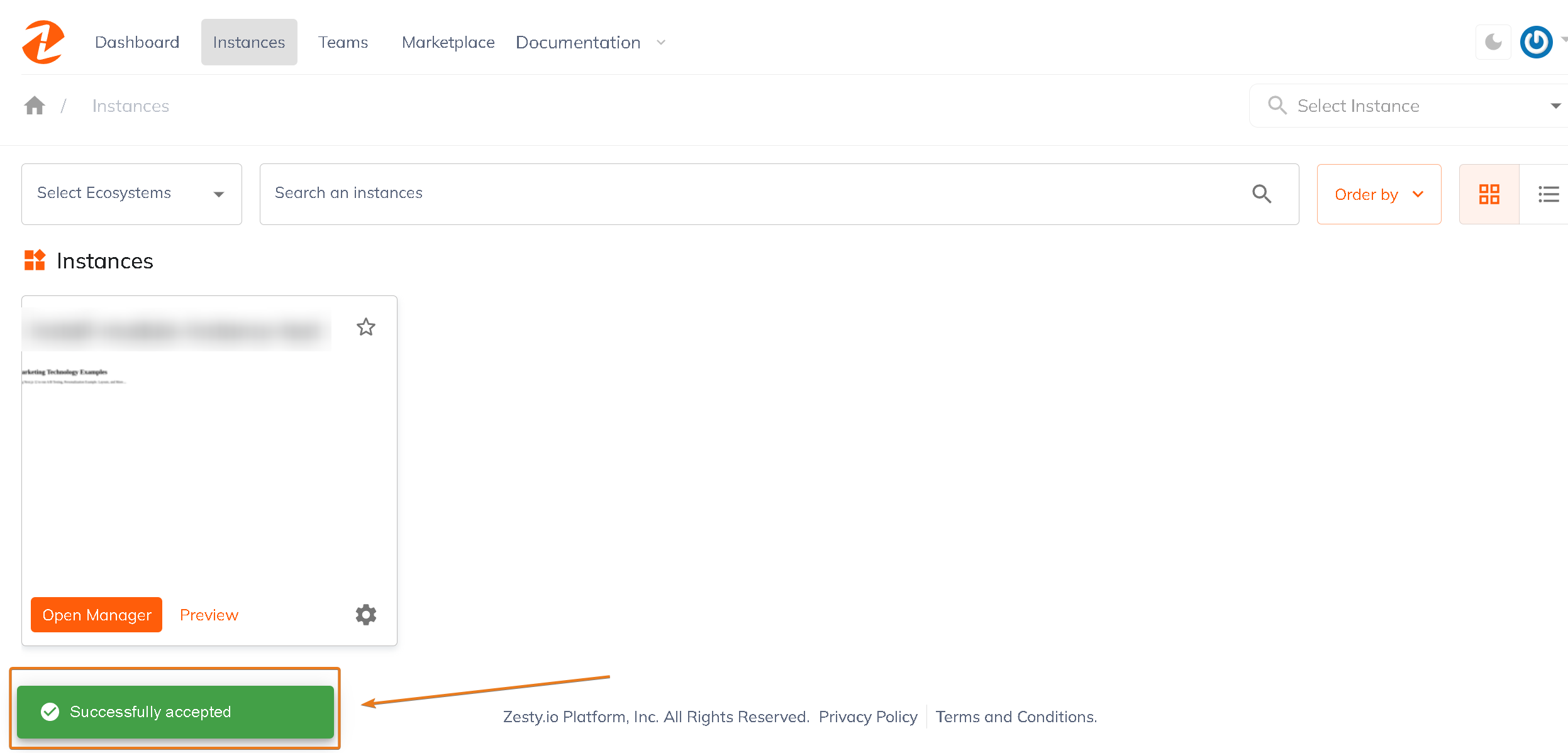 Acceptance notification and instance settings drawer.