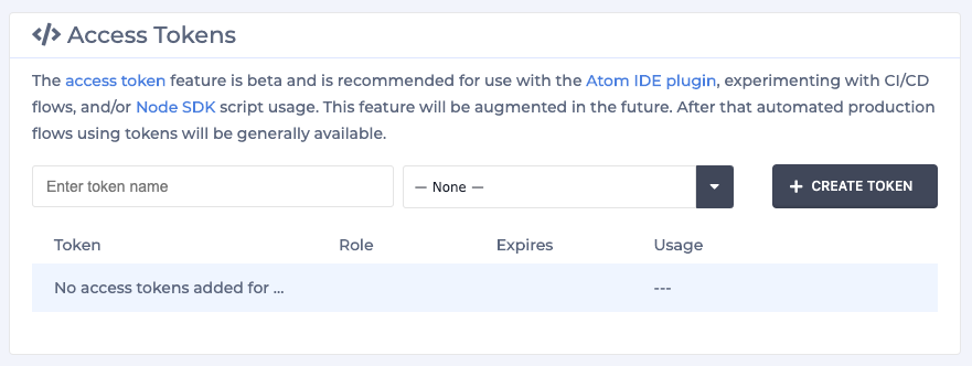 Instance Settings Drawer access tokens section.