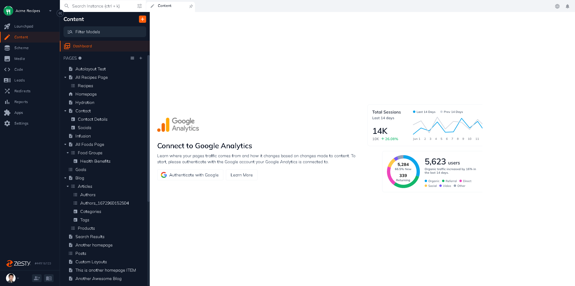 Content section dashboard.