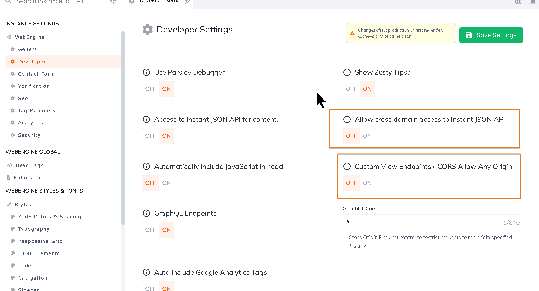 Zesty.io CORS developer settings.