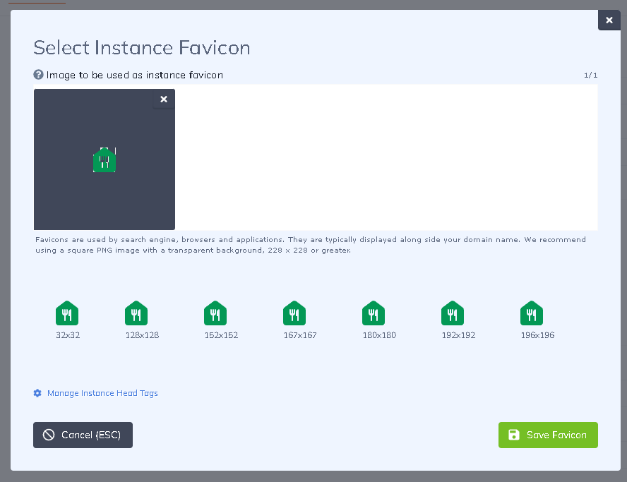 Favicon modal with different favicon sizes.