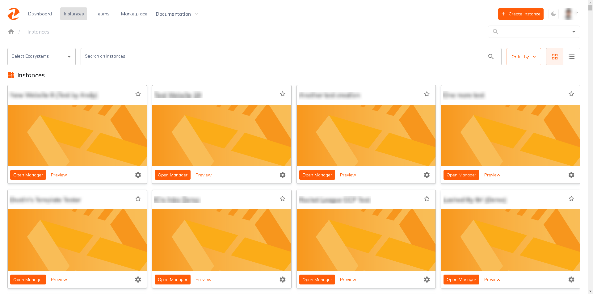 Accounts Interface grid-view shows instances on blocks or cards.