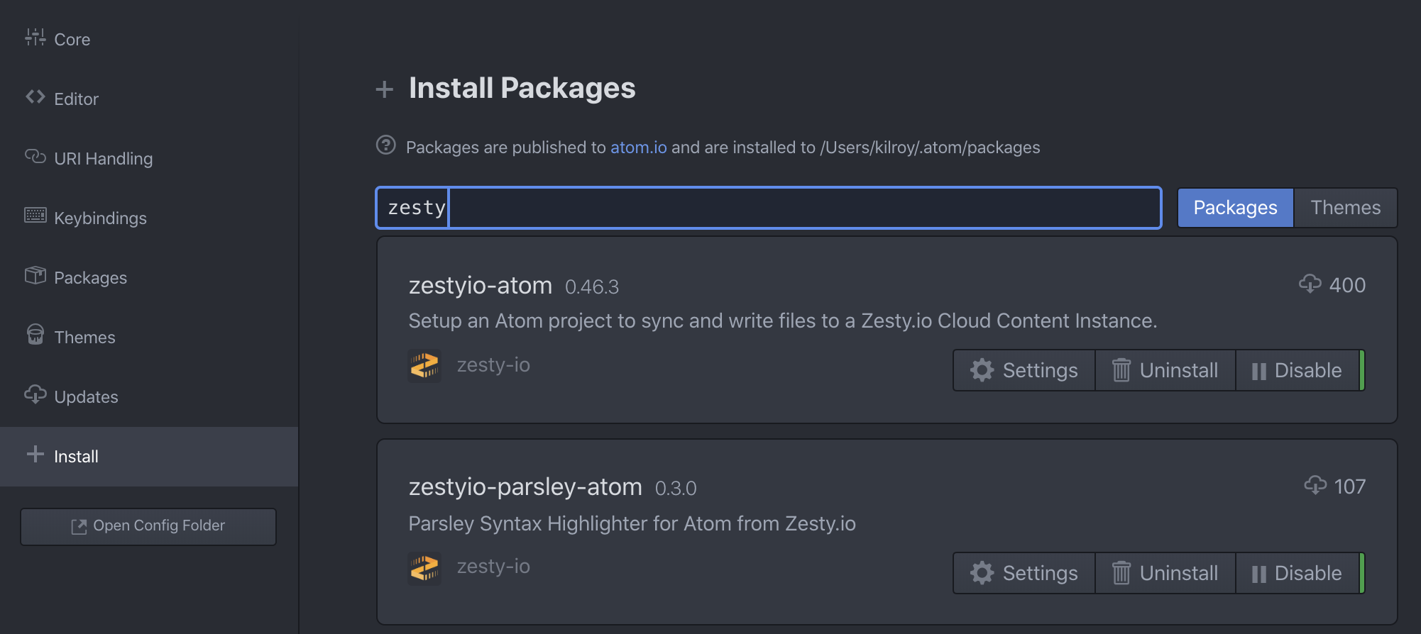 Snap shot of searching for Zesty Plugin in the ATOM Editor