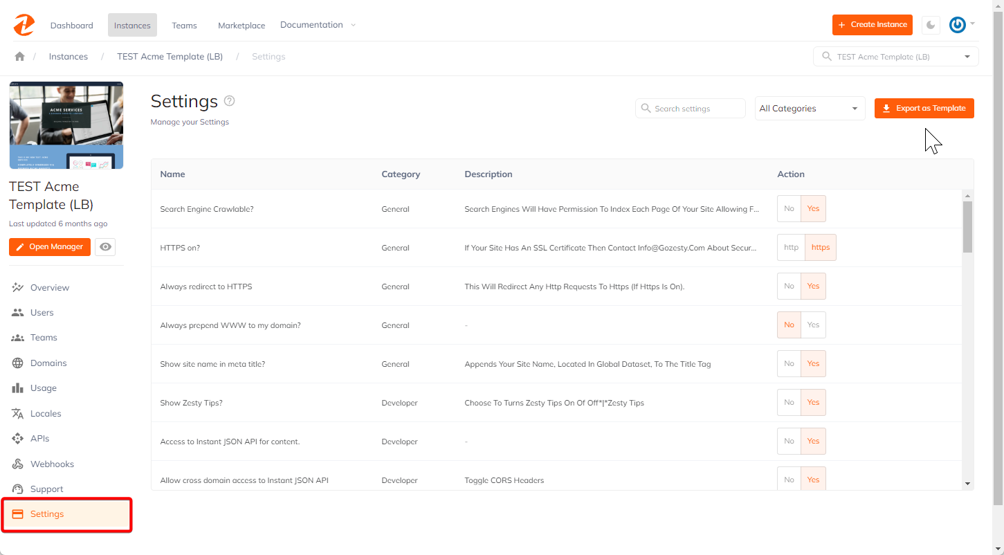 Instance Settings