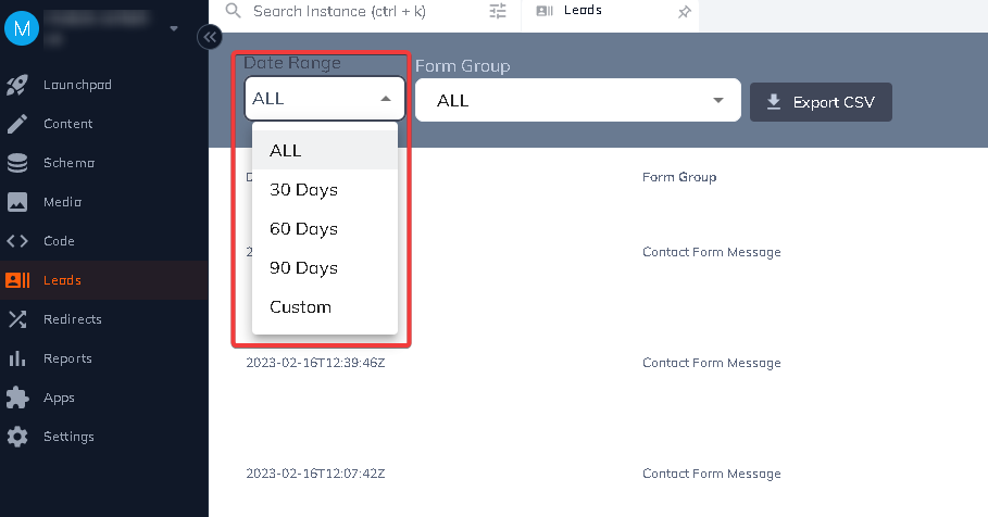 Date range option for lead export.