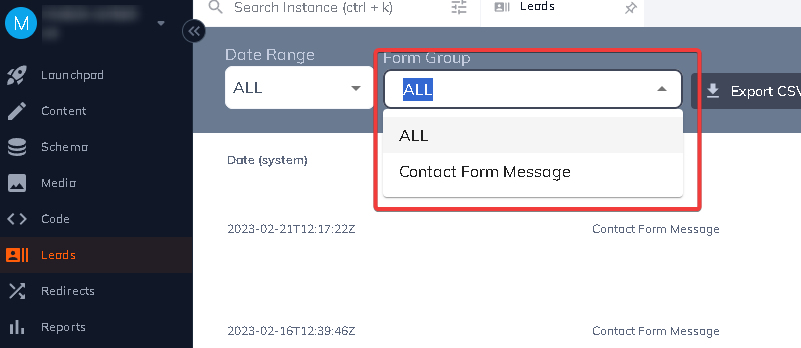 Form group option for lead export.
