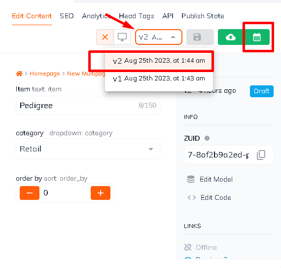 Selecting version & Scheduling publish buttons